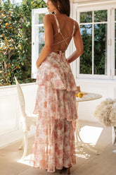 Floral V-Neck Sleeve Backless Midi Dress